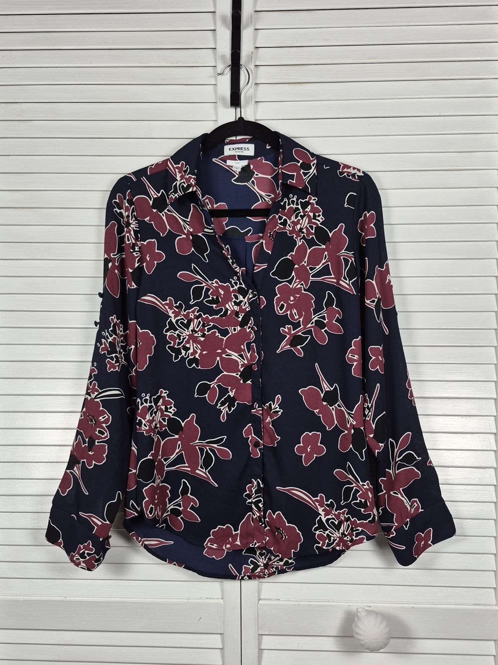 Express Portofino Slim Floral Button Up Blouse Navy Pink Size S/P - Picture 3 of 10